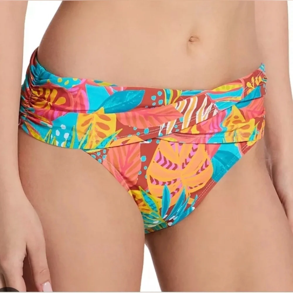 Bleu Rod Beattie Tropical Floral Bikini Bottom in Coral, Turquoise & Yellow Sz 4